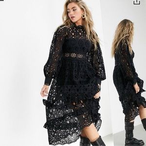ASOS Edition Eyelet Broderie Anglaise Black Dress Puff Sleeve Sheer Lace Ruffles